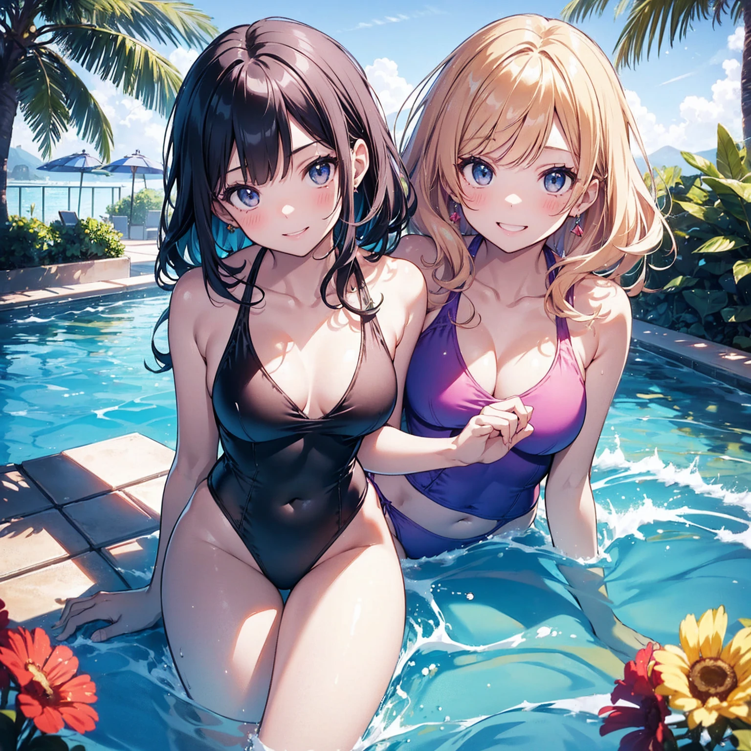 Best image quality, 8K, high quality, masterpiece:1.2), ((masterpiece)), (High detail, high quality, Best image quality), Bokeh, Depth of written boundary, Portraiture, Open Stance, (Cute illustrations:1.2), (Five Girls), Poolside, (Multiple girls with different hair colors and styles:1.2), Dawn, Beautiful light, Professional Lighting, (Small breasts), (Bright color low V-neck one piece bikini swimsuit,), (Idol Master), Cute round face girl, sexy, Dynamic pose, An exciting mood, smile, Dynamic Angle, Underarm,