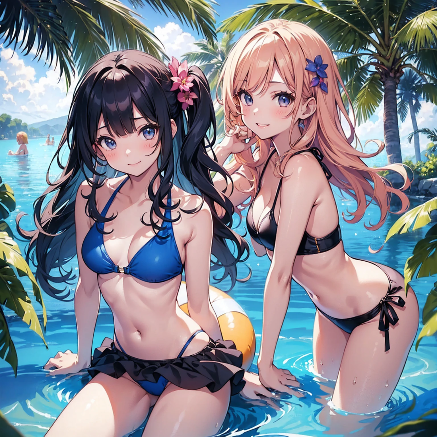 Best image quality, 8K, high quality, masterpiece:1.2), ((masterpiece)), (High detail, high quality, Best image quality), Bokeh, Depth of written boundary, Portraiture, Open Stance, (Cute illustrations:1.2), (Five Girls), Poolside, (Multiple girls with different hair colors and styles:1.2), Dawn, Beautiful light, Professional Lighting, (Small breasts), (Bright color low V-neck one piece bikini swimsuit,), (Idol Master), Cute round face girl, sexy, Dynamic pose, An exciting mood, smile, Dynamic Angle, Underarm,