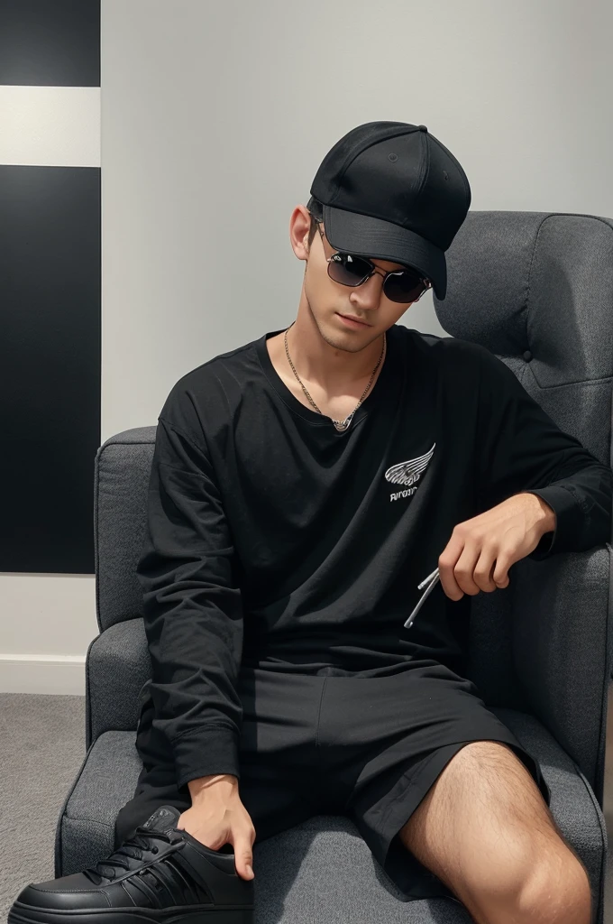 Create a 3D illusion for a WhatsApp profile picture Where a boy in a black shirt sits casually on a wingback chair. wearing sneakers ,a black cricket cap, and sunglasses, he looks ahead. the background features"" in big and capital white fonts on the black wall. There should nothing be his shadow, and there are wings to make it appear as if he is an angel