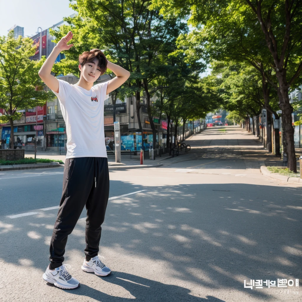 ((hyperdetail)), ((hyperrealistic)), ((hyperrealism)), Professional, Angle camera shooting from below, realistic, High level of detail, Full body photo of 25 years old Korean male, alone, face like Jungkook BTS, nice hair like Jungkook BTS hair, nice eyes, wearing plain t-shirt, wearing sneakers, full body, fit body almost 75 kg bodyweight weight and 185 cm body height, fit body like gym trainer, not thin and not fat, standing posing for a photo, chill on a city park, photogenic pose, smile pose, (random standing pose: 1.3) ,Natural light, (Attractive young man:1.3), (seductive:1.1), (blush:1.1), bacgkround at street near seoul district , shower of sunshine, ((cool pose)), ((gentleman pose)), ((ISO 1600)), ((50mm lens)), ((wide shot)),