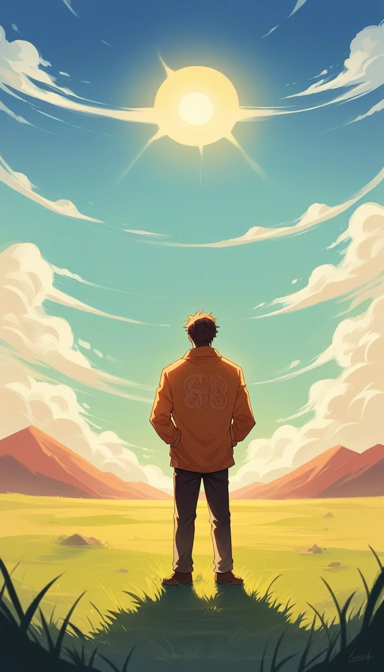A man is alone, standing on top of a grassy hill, Watching the sunset. Sun, half hidden on the horizon, paints the sky with orange tones, pink and purple, creating a serene and majestic landscape. The man has a relaxed but thoughtful posture, with his hands in the pockets of his light jacket. His figure is slightly shadowed, highlighted by the warm evening light. At the bottom, you can see a vast landscape with mountains in the distance and a river reflecting the colors of the sky. The atmosphere conveys a feeling of tranquility and deep reflection, as if the man were contemplating the meaning of life and his place in the world.