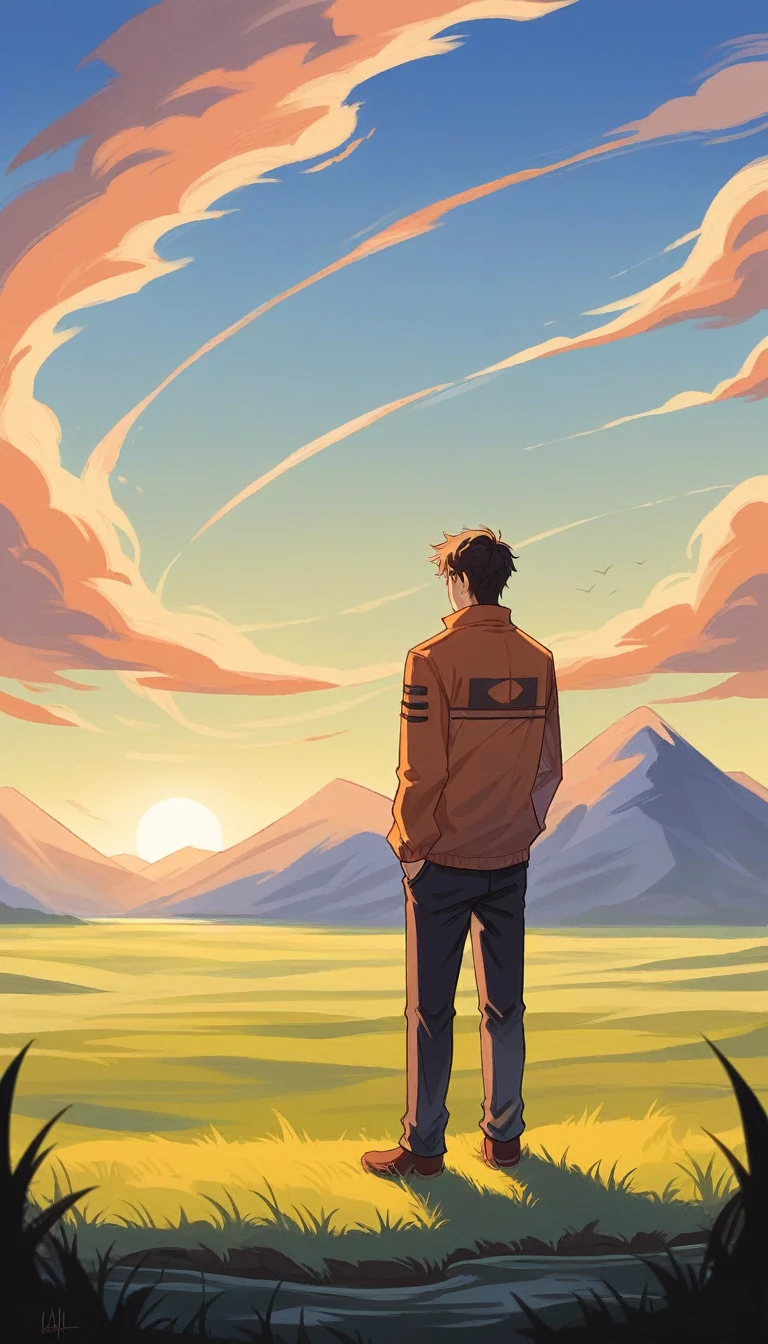 A man is alone, standing on top of a grassy hill, Watching the sunset. Sun, half hidden on the horizon, paints the sky with orange tones, pink and purple, creating a serene and majestic landscape. The man has a relaxed but thoughtful posture, with his hands in the pockets of his light jacket. His figure is slightly shadowed, highlighted by the warm evening light. At the bottom, you can see a vast landscape with mountains in the distance and a river reflecting the colors of the sky. The atmosphere conveys a feeling of tranquility and deep reflection, as if the man were contemplating the meaning of life and his place in the world.