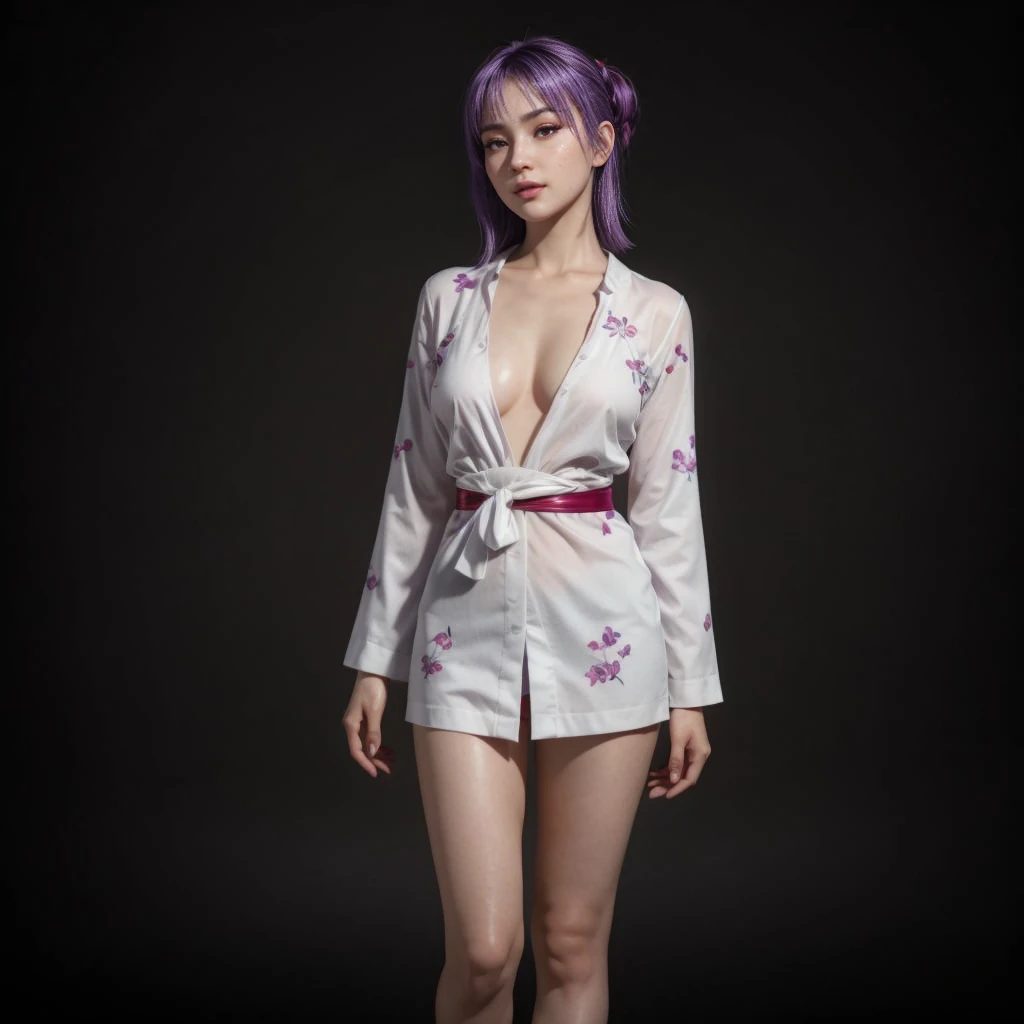 Ayane, purple hair, (best quality, ultra-detailed), (realistic:1.37), beautiful and detailed face, ultra-realistic texture, delicate face, delicate body, red lipstick, bright colors. high definition, 8K, well defined legs