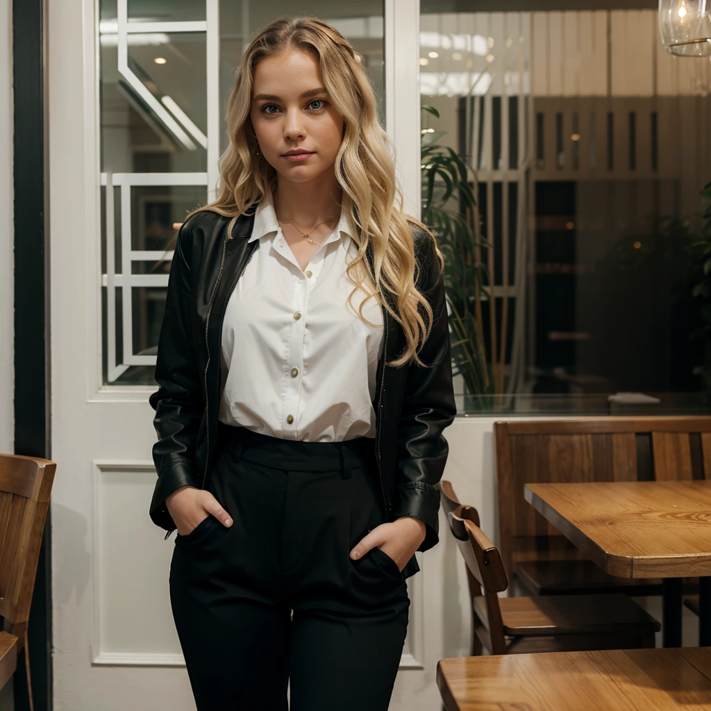 A white woman with wavy blonde hair and green eyes, wearing black pants, a white blouse and a black jacket, stands in front of a restaurant decorated with glass.