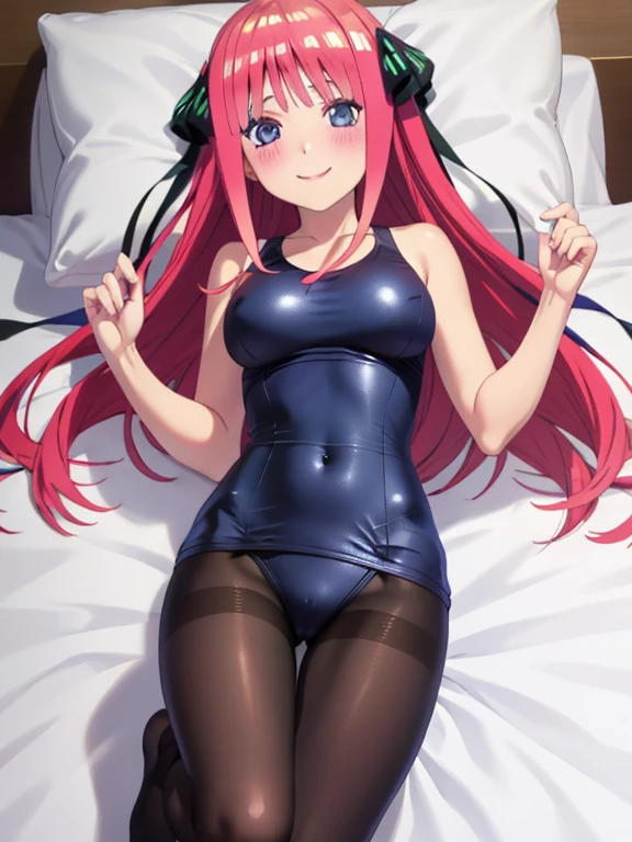 masterpiece, best quality, insanely detailed, beautiful, nino nakano, one-piece swimsuit, , pantyholush, smile, 寝そべる