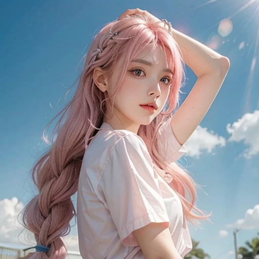 Light pink hair, Pink Eyes, Pink and white, blue sky, Vibrant colors, White Shirt、splash, Light Racing, Wavy long hair、splash、Light of the sun、Braid、One Woman