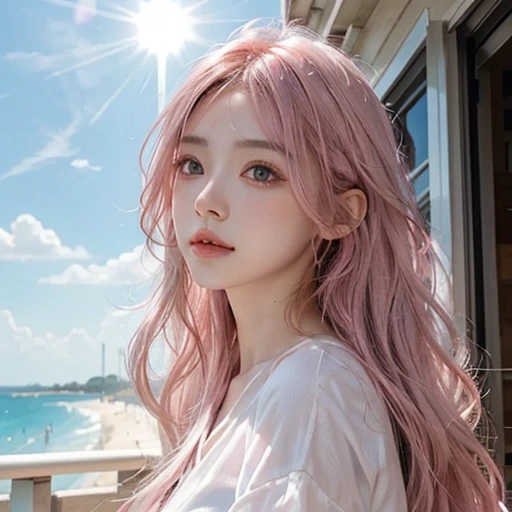 Light pink hair, Pink Eyes, Pink and white, blue sky, Vibrant colors, White Shirt、splash, Light Racing, Wavy long hair、splash、Light of the sun、Braid、One Woman