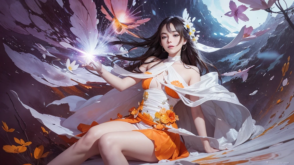 32k, Masterpiece, Highest quality, One girl, Detailed eyes, flower,Alstroemeria, White and orange style,A dreamy, romantic piece,Pale purple, Mysterious Leaves,A playful arrangement,Fantasy,High Contrast,Ink strokes,explosion,Exposure, Impression of white and orange tones,Abstract,((Watercolours by John Berkey and Jeremy Mann )) Brush strokes,Negative Space, Tyndall effect,