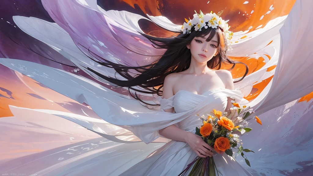 32k, Masterpiece, Highest quality, One girl, Detailed eyes, flower,Alstroemeria, White and orange style,A dreamy, romantic piece,Pale purple, Mysterious Leaves,A playful arrangement,Fantasy,High Contrast,Ink strokes,explosion,Exposure, Impression of white and orange tones,Abstract,((Watercolours by John Berkey and Jeremy Mann )) Brush strokes,Negative Space, Tyndall effect,