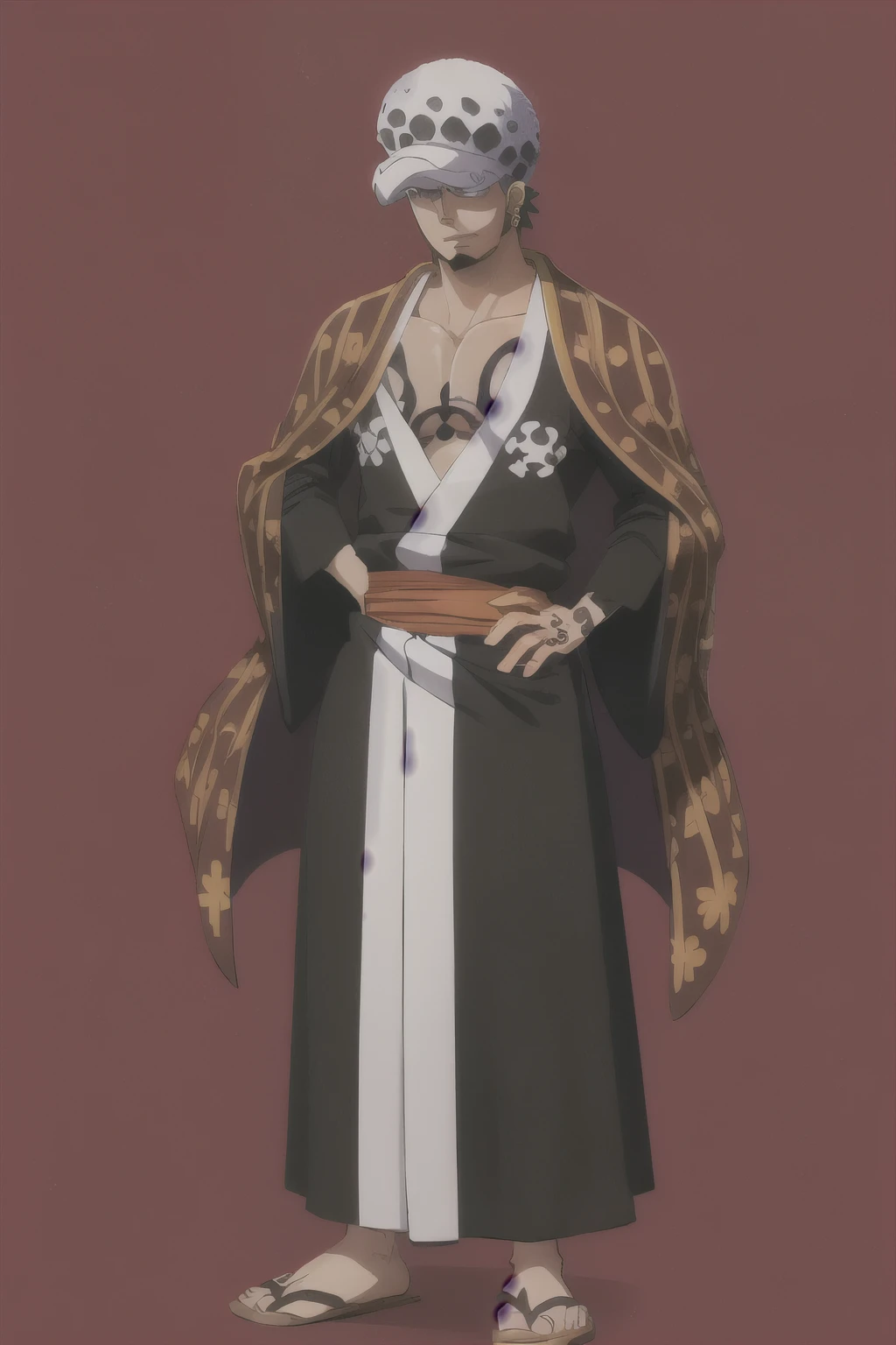masterpiece, best quality, 1boy, trafalgar law, tdlwano, black hair, hat, chest tattoo, earrings, facial hair, long sideburns, goatee, japanese clothes, kimono, over shoulder, full body, hands on hips, looking at viewer, smile, solo, standing, simple background