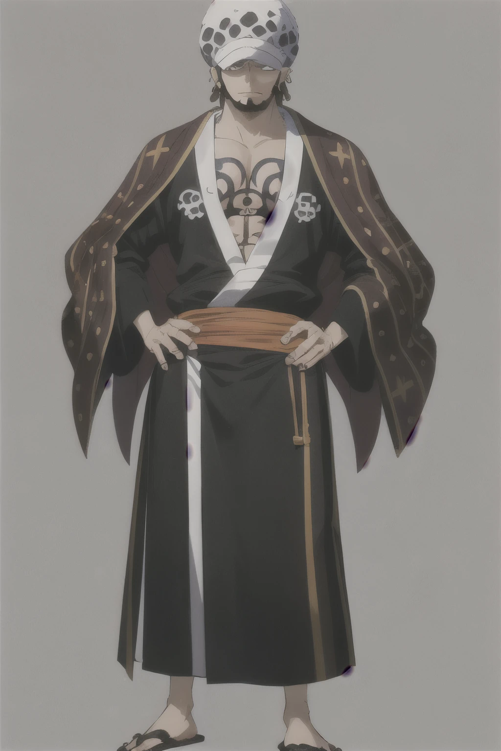 masterpiece, best quality, 1boy, trafalgar law, tdlwano, black hair, hat, chest tattoo, earrings, facial hair, long sideburns, goatee, japanese clothes, kimono, over shoulder, full body, hands on hips, looking at viewer, smile, solo, standing, simple background