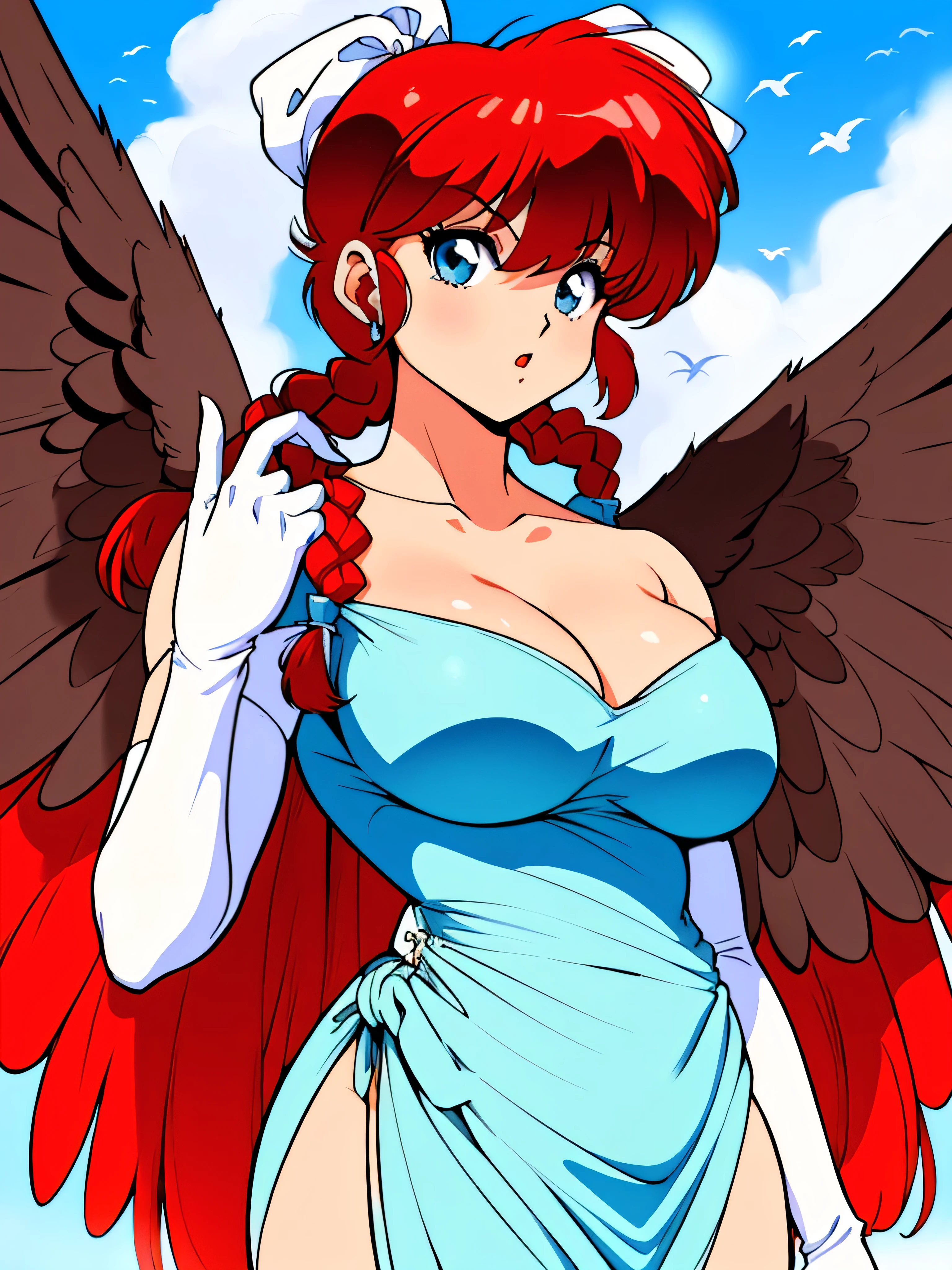 RanmaChan, Sexy, (Doggystyle:1.2), Tabletop, (Penetration:1.2), (Red hair, (Long pigtails, braids), Black hair tie, Medium thick bangs), Blue eyes, Curvy body, High body, (Angel wings, Huge), (Medium boobs:1.0), Beautiful cleavage, (White elbow gloves), ((Luxurious dress, Pure white)), Waist:0.4, Medium ass:0.4, (Flapping in the sky, Flying in the sky, Sexy pose, Large), (4 fingers, 1 thumb), (Shooting, Front, From below), (Sky background, Clouds, Sun, Birds, In the sky), (Retro art style, Beautiful brushstrokes, Super detailed painting, 32K Ultra HD, Masterpiece)