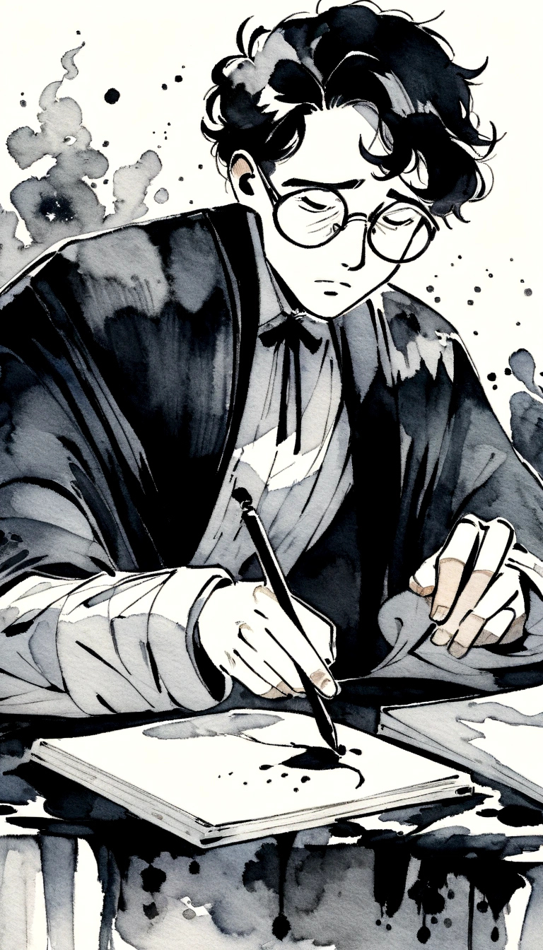 ink art style, black and white, abstract, watercolor painting style, blurs, drawing of a young man, artist man, elegant old clothes, writer man, desperate man ,stressed, rampant, writing with ink, very inspired man, unkempt black hair, glasses, epic , ink and writing powers