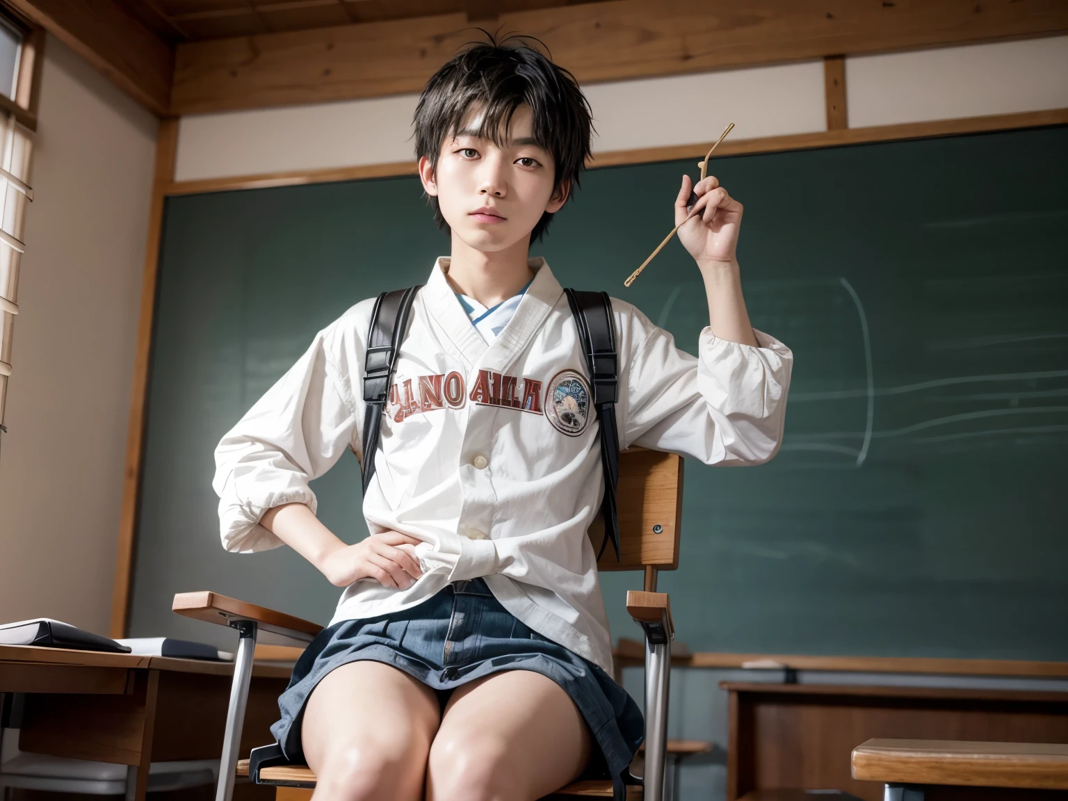 makes an 18 year old Japanese boy at school in the chair prancing