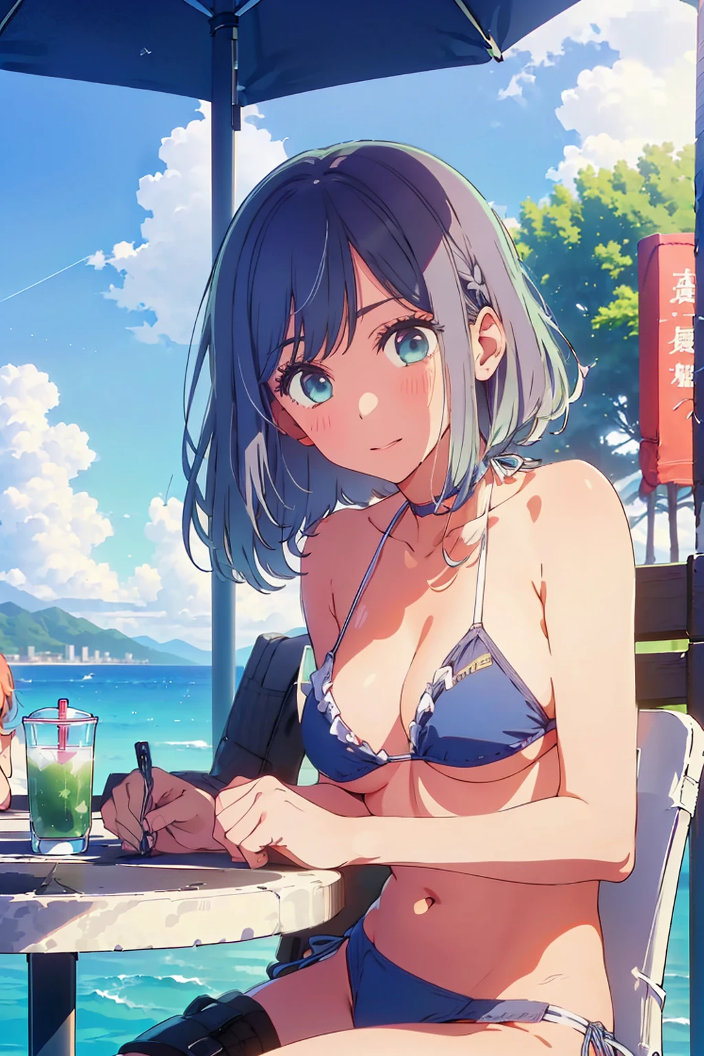 (Highest quality:1.4、8K:1.4、detailed)、F cup bust、Big Breasts、Slim body、Very white beautiful skin、((((1 person、Surprised expression、sit、Chair、In the background are the urban buildings of Tokyo、looking at the camera、Outdoor café terrace、coastal、Navy hair color、juice、Shooting up close、table、White Bikini、Very cute face))))、(Areola protrudes from the bikini:1.7)、Very blue sky、A completely cloudless sky