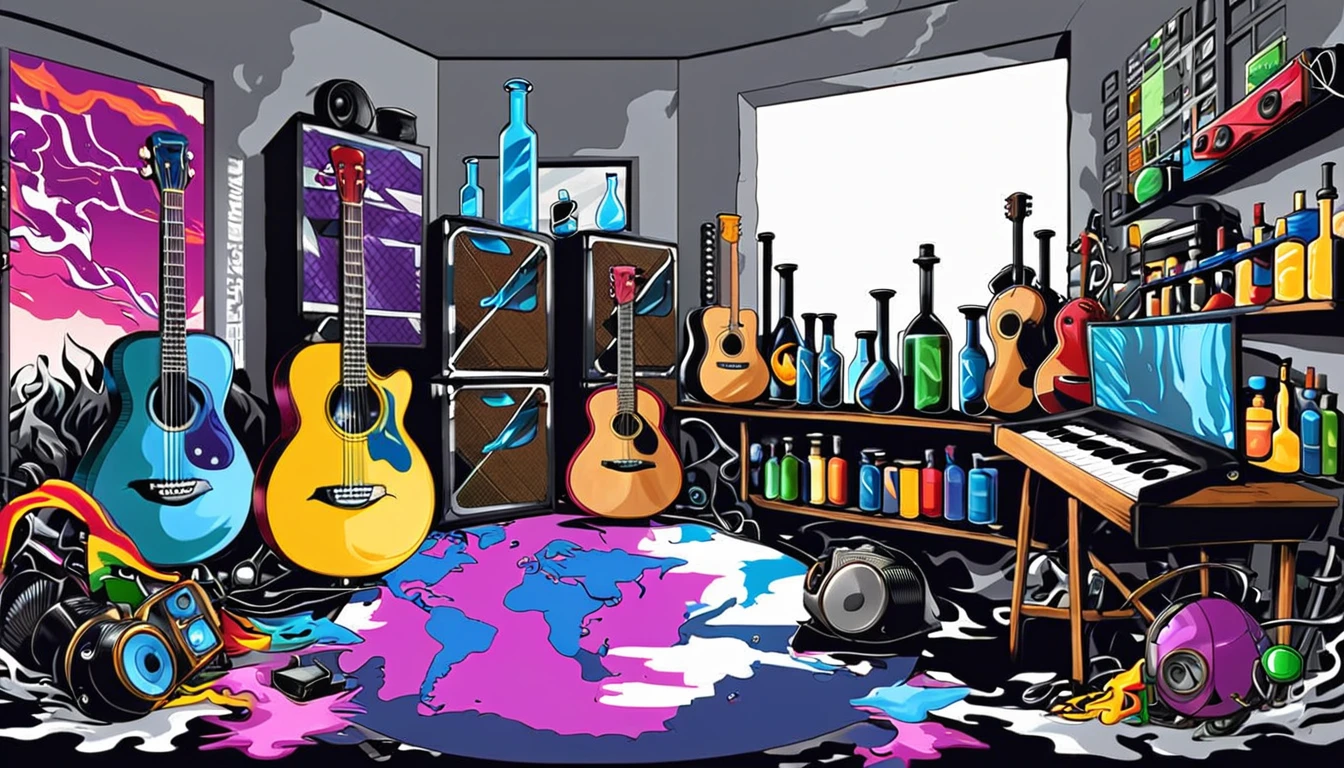 Masterpiece; Guitars and drums in a small science lab(((several science bottles around the room))); (guitars and musical keyboards inside science bottles) World map on the wall. sciencie complete with speakers and glass flasks of chemistry, embody the resilience and tenacity of the scientific community, infused with a bold graphic allure that enlivens the spirit of science. The design penetrates layers of depth, integrating the raw essence and vibrant cores of Rio de Janeiro culture. Brushstrokes that incorporate the fluid energy of graffiti on guitars and acoustic guitars weave around dynamic geometric shapes, adorning the laboratories with an evocative masterpiece that speaks to the heart of the intersection between two diverse worlds. Majestically rendered in high definition and vibrant color, every detail bursts with life, inviting viewers to marvel at the beauty that; by Monet