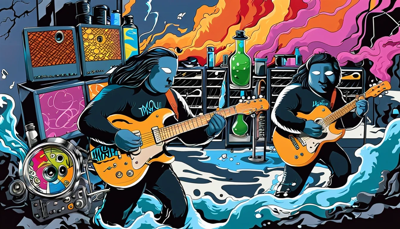 Masterpiece; Guitars and drums in a small science lab(((several science bottles around the room))); (guitars and musical keyboards inside science bottles) World map on the wall. sciencie complete with speakers and glass flasks of chemistry, embody the resilience and tenacity of the scientific community, infused with a bold graphic allure that enlivens the spirit of science. The design penetrates layers of depth, integrating the raw essence and vibrant cores of Rio de Janeiro culture. Brushstrokes that incorporate the fluid energy of graffiti on guitars and acoustic guitars weave around dynamic geometric shapes, adorning the laboratories with an evocative masterpiece that speaks to the heart of the intersection between two diverse worlds. Majestically rendered in high definition and vibrant color, every detail bursts with life, inviting viewers to marvel at the beauty that; by Monet