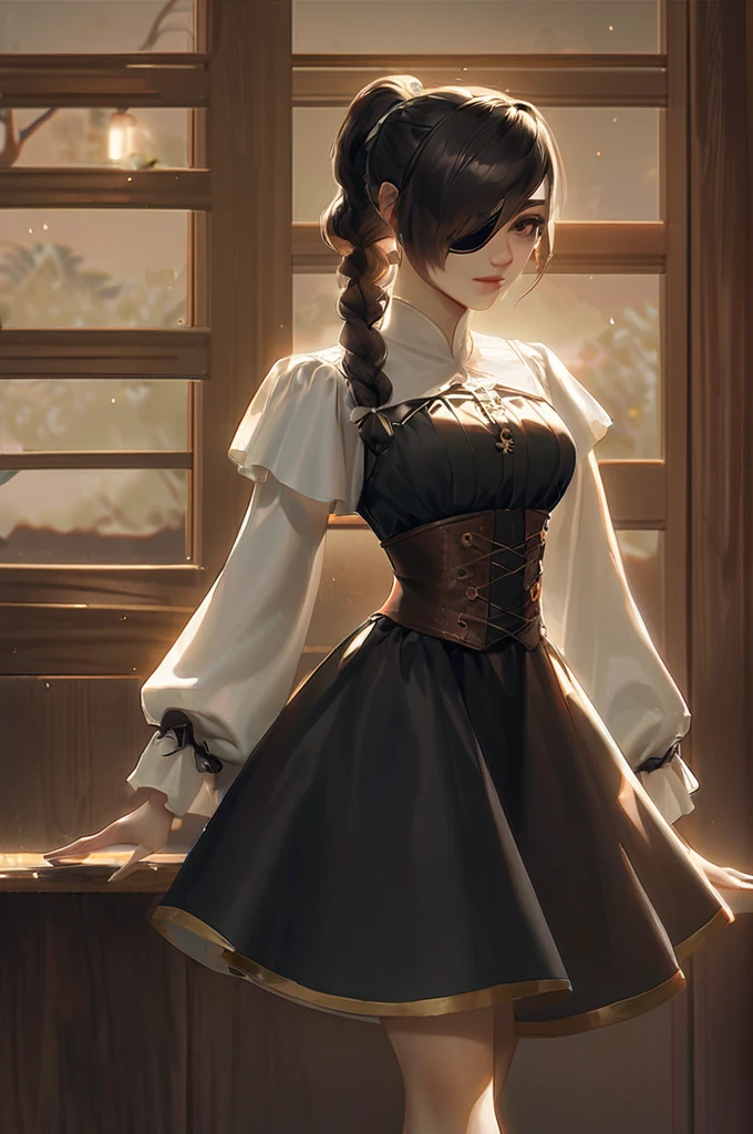 ((Лучшее качество)), ((шедевр)), (подробный), girl dance happy red_lips adult black_hair side_braid_ponytail_hairstyle eye_patch brown_skin_corset dress skin_jackboots port tavern