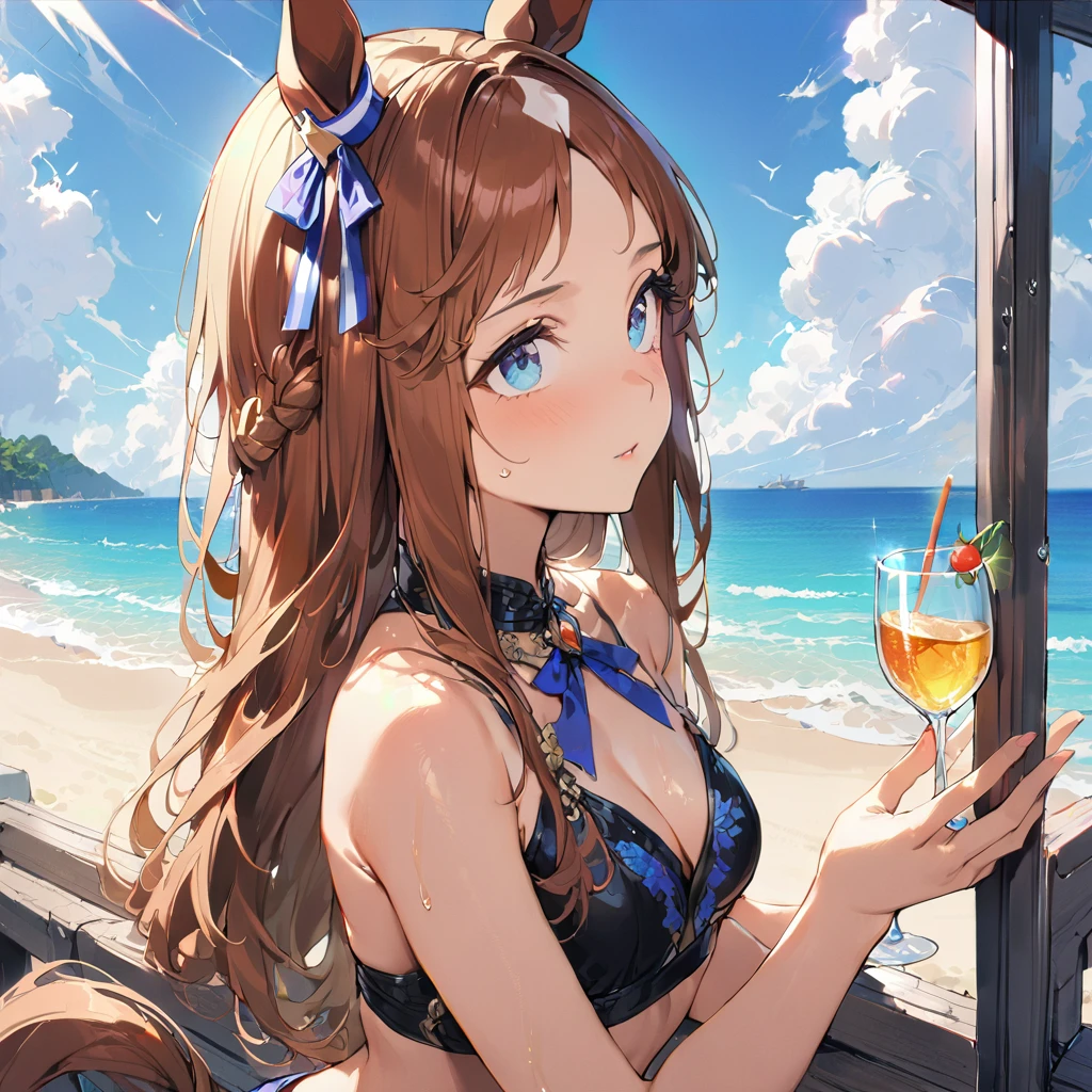 ((16k, highest quality, master piece: 1.2, super detailed, super high resolution, super detailed)),  1 girl, Glass Wonder \(umamusume\), Chestnut Hair, Part of the forelock is white, Long Hair, straight hair, Blue ribbon earrings, red line, one girl, animal ears, horse tail, Blue Eyes, fashionable, elegance, charming, seductive, stunning, charming cleavage, lovely, charming, cute, beautiful detailed face, beautiful detailed eyes, soft expression, slim Beautiful figure, curvaceous, Small breasts, slender arms, graceful hands, delicate fingers, slim wrists, elegant neck, bare shoulders, smooth skin, Seaside, sandy beach, Outdoors, blue sky,(black bikini swimwear, drenched, Wet skin)), smaile:1.4