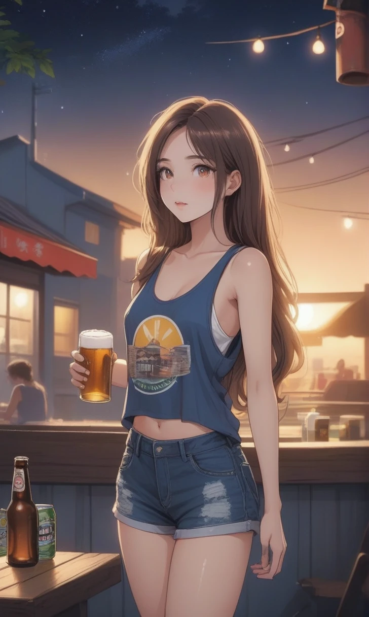 summer night、Adult women、can of beer、Relax after work、tobacco、Tank top、Shorts、Long Hair、Cool scenery。