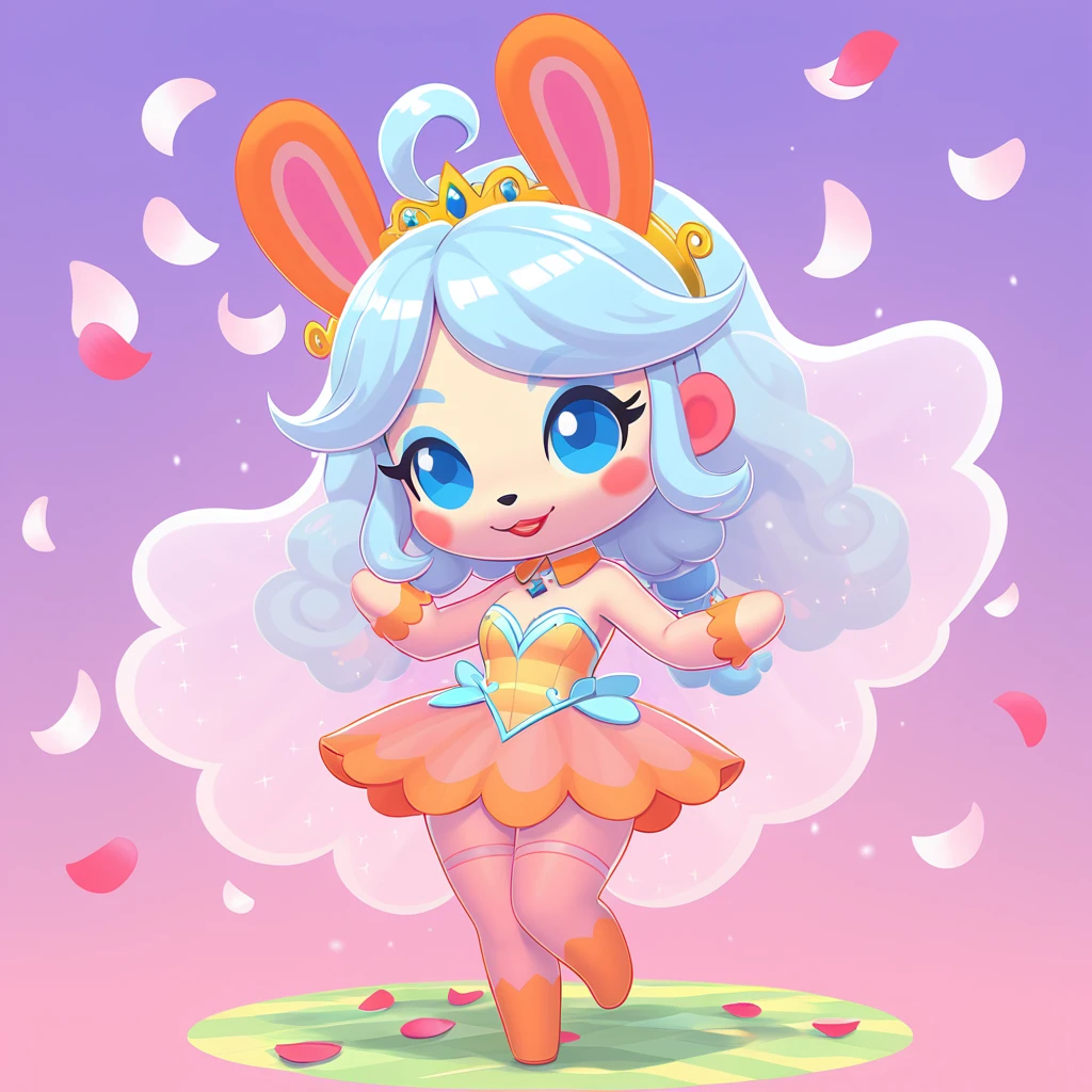 Queen Aelsa with long white hair dressed in a peach-orange fairy-like bunny costume with pale-yellow trim pink bodice and a translucid veil  surrounded by pink petals in animal crossing art style