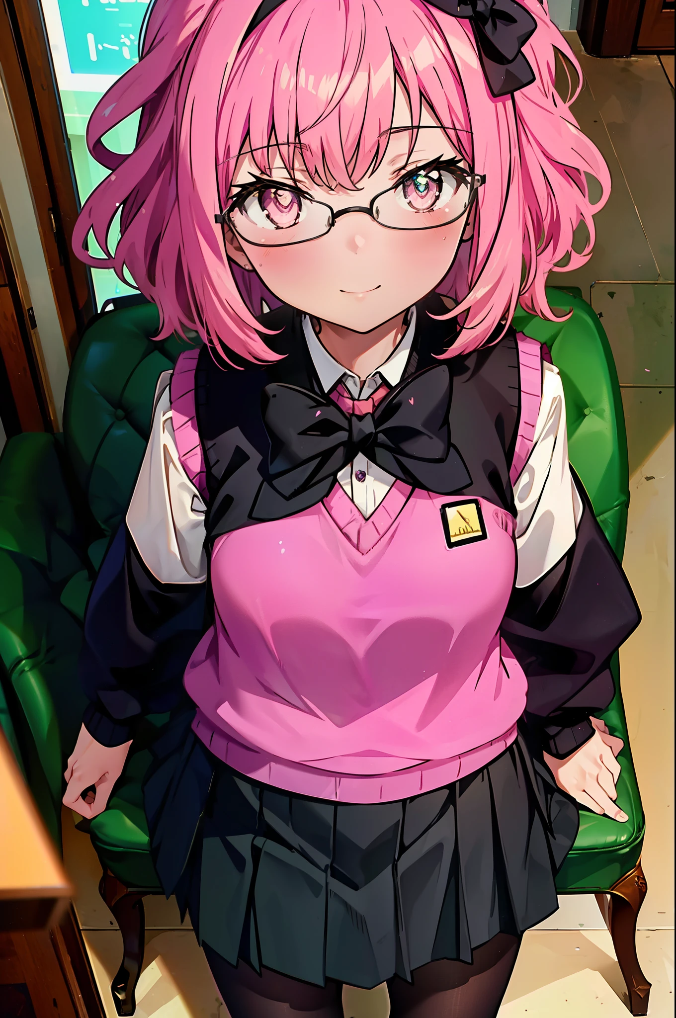 {{masterpiece}},{{Highest quality}},{{High resolution}},{{Caustics}},{{Familiar}},blush,
 smile,Louise Françoise Le Brun de La Valliere,Akabuchi Glasses,hair band,Pink Hair,Pink Eyes, 黒break skirt, shirt, bow, ribbon, , white shirt, Short sleeve, Pleated skirt, collared shirt, mini skirt, bowtie, 黒いloafers , Black Skirt, Black pantyhose, loafers, green bow, (pink sweater vest:1.5),,classroom,Sit on a chair,whole body,(Cowboy Shot:1. 5),break (masterpiece:1.2), Highest quality, High resolution, unity 8k wallpaper, (shape:0.8), (Fine and beautiful eyes:1.6), Highly detailed face, Perfect lighting, Highly detailed CG, (Perfect hands, Perfect Anatomy),