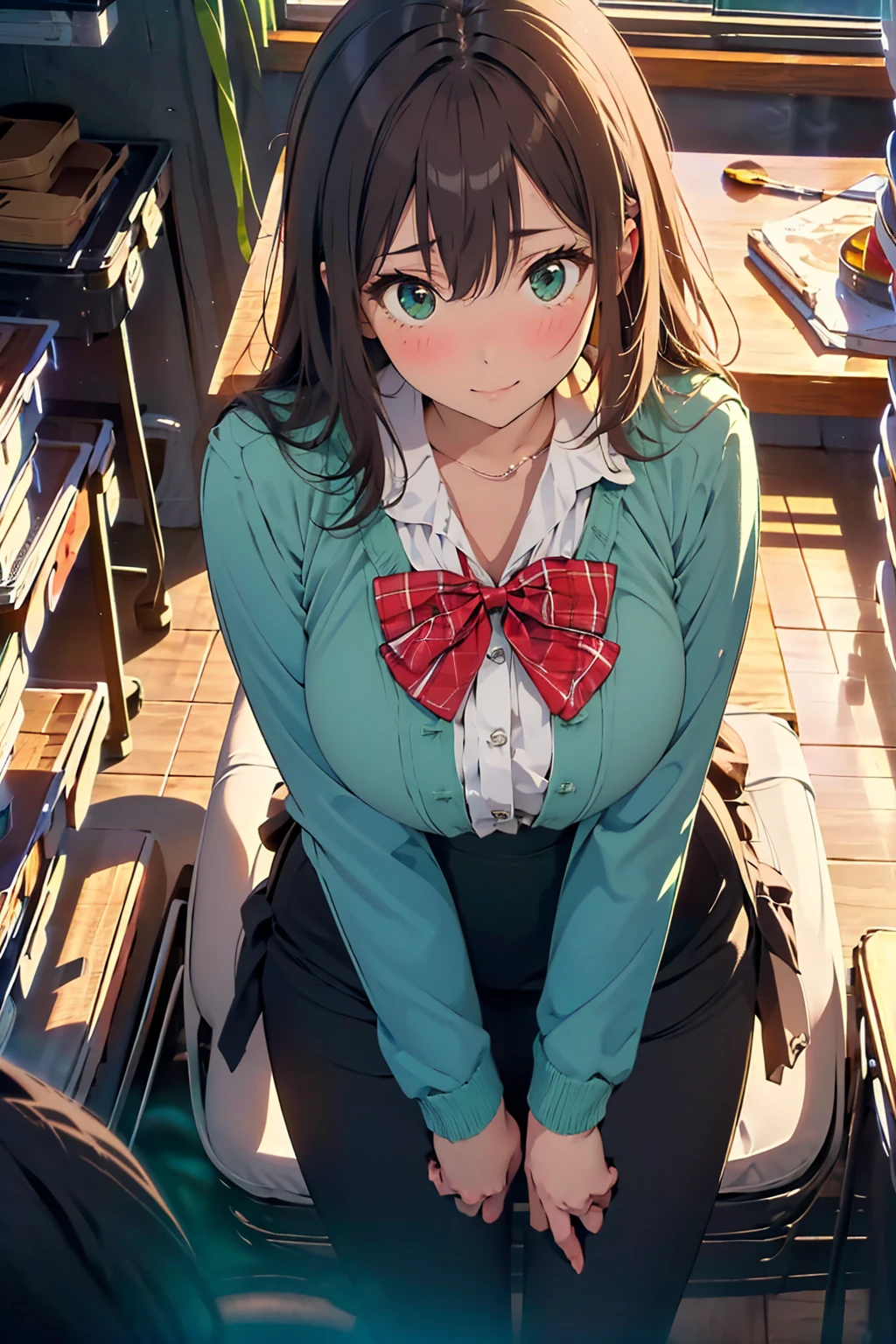 ((masterpiece, best quality, highres, uhd, perfect pixel, depth of field, 4K, RTX, HDR))), 18age, 1girl, single, solo, beautiful anime girl, beautiful artstyle, anime character, ((short hair, bangs, brown hair, curly hair:0.8)), ((green eyes:1.4, rounded eyes, beautiful eyelashes, realistic eyes)), ((detailed face, blushing:1.2)), ((smooth texture:0.75, realistic texture:0.65, photorealistic:1.1, anime CG style)), large breasts, dynamic angle, perfect body, ((portrait, ass pov)), ((red bowtie, gray jacket, open jacket, white shirt, black skirt, plaid skirt)), smile, School, Photo from behind:0.5