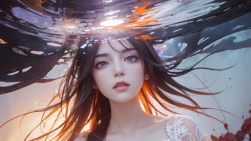 32k, Masterpiece, Highest quality, One girl, Detailed eyes, flower,Alstroemeria, White and orange style,A dreamy, romantic piece,Pale purple, Mysterious Leaves,A playful arrangement,Fantasy,High Contrast,Ink strokes,explosion,Exposure, Impression of white and orange tones,Abstract,((Watercolours by John Berkey and Jeremy Mann )) Brush strokes,Negative Space, Tyndall effect,