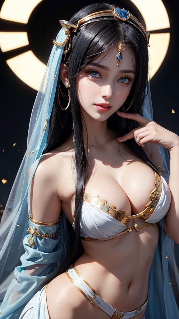 Cleopatra of Egypt blue eyes evil face she is beautiful she has big breasts Egyptian accessories on her face white skin rosy nose short black hair hand on her mouth looks sexy she has a dark look perfect smile she has dark eyes and perfect fingers she the sun shining on one side of the face and shadow on the other side of the face upright face looking down white teeth 