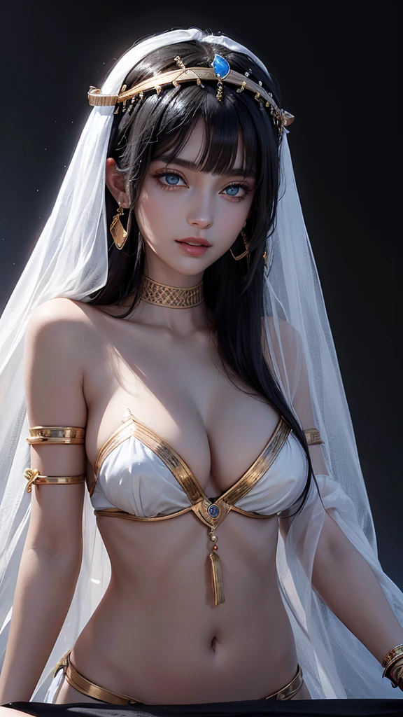  of Egypt blue eyes evil face she is beautiful she has  Egyptian accessories on her face white skin rosy nose short black hair hand on her mouth looks  she has a dark look perfect smile she has dark eyes and perfect fingers she the sun shining on one side of the face and shadow on the other side of the face upright face looking down white teeth 