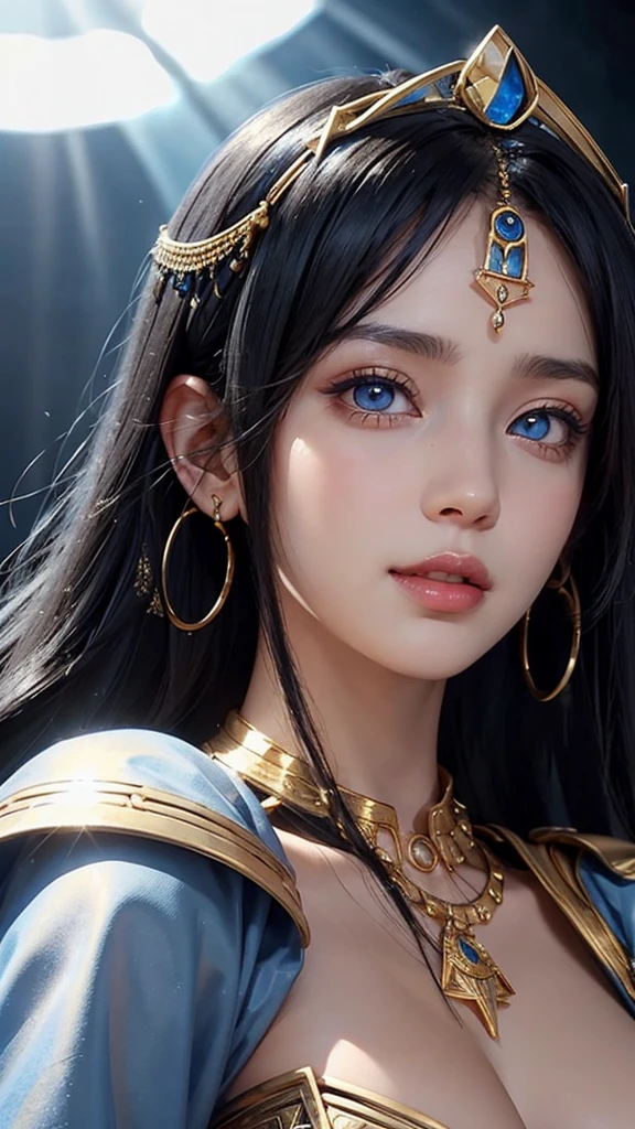 Cleopatra of Egypt blue eyes evil face she is beautiful she has big breasts Egyptian accessories on her face white skin rosy nose short black hair hand on her mouth looks sexy she has a dark look perfect smile she has dark eyes and perfect fingers she the sun shining on one side of the face and shadow on the other side of the face upright face looking down white teeth