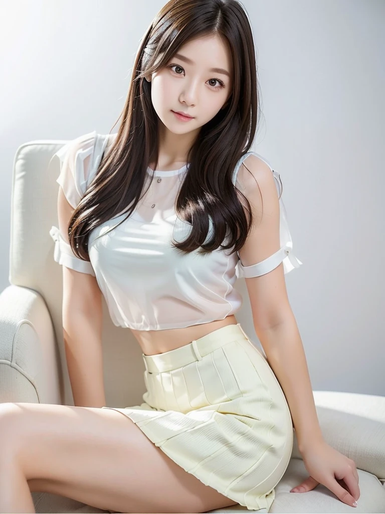 office、White Wallpaper、Sit on a chair、Sheer blouse、Mid-length skirt 、(Highest quality)、、((Very detailed))、4K、(8K)、Highest quality、One person、Kind Face、Soft Light、Raw quality、Soft Skin、Heel、Thighs、163cm