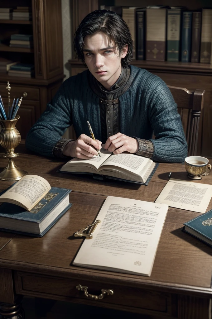 A meticulously organized desk with documents and a quill pen, while the man writes a letter,Game of Thrones,boy is tall and has short hair, blue colored eyes, dark expression, wear black and gold, mascle, happy looking at a holy bible
