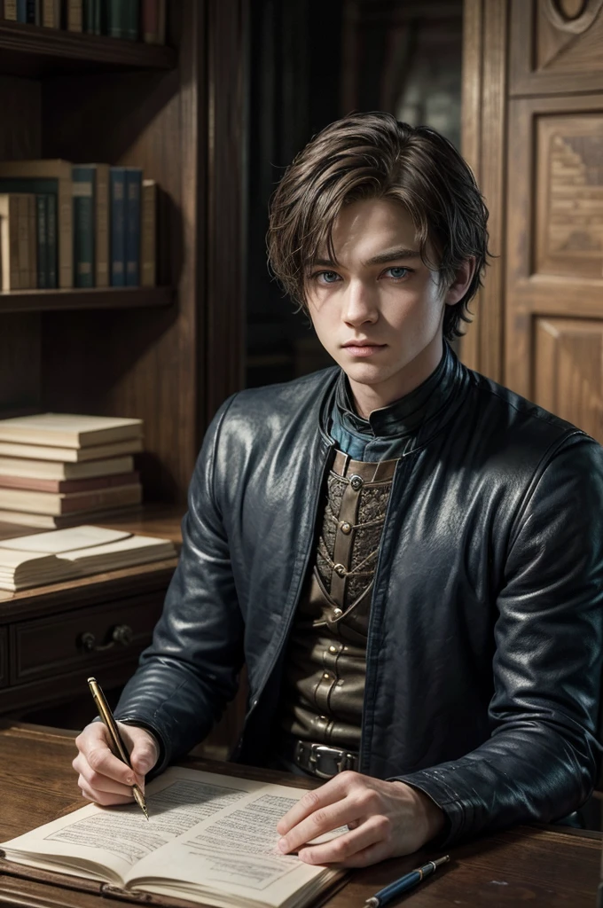 A meticulously organized desk with documents and a quill pen, while the man writes a letter,Game of Thrones,boy is tall and has short hair, blue colored eyes, dark expression, wear black and gold, mascle, happy looking at a holy bible