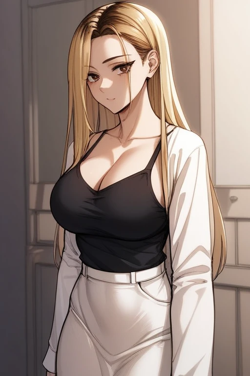 score_9, score_8_superior, score_7_superior, Hi、he, Brown eyes, Blonde, Multicolored Hair, Long Hair,Round neck ,White tight T-shirt、Long sleeve、Are standing,Big Breasts、black long camisole dress、turn around、Cleavage