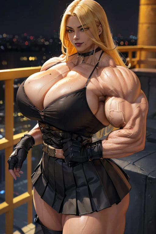 ((((Massive tall, beautiful, buff, sweating, light brown skinned muscular woman with yellow hair, black lipstick, ginormous bulky muscles and wearing a beautiful black long-sleeved blouse with a beautiful pleated skirt)))), (close view), massive muscle, massive biceps, hyper muscle shoulders, massive muscle arms, vascular shoulders, hyper muscle triceps, (flowing long hair), (beautiful black long-sleeved blouse with a belt), gray eyes, gloves, choker, (beautiful black pleated skirt), (thigh high socks), boots, in a school rooftop, confidant smile, night, hyper vascular arm, hyper muscles arms, hyper muscle legs, massive arms