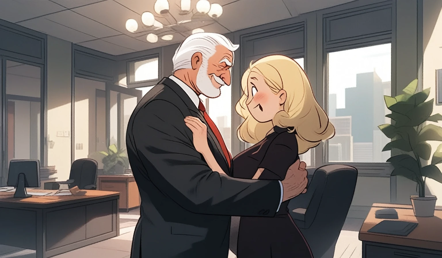 children's picture books,crayon paintings, blushes, 1 old man, fat, mafia boss, in black suite, red tie, side view, dancing with his blond wife, black dress in the office
