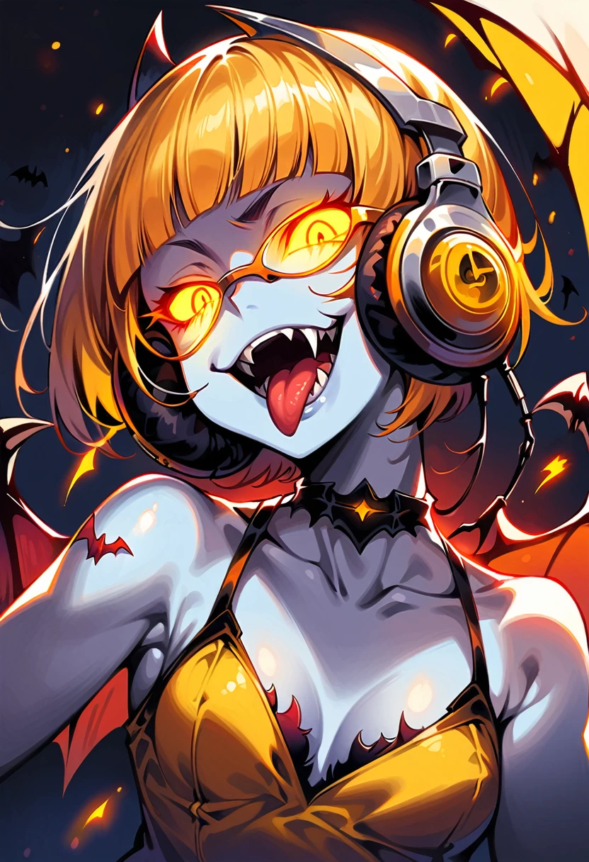 (very detailed fine touch:1.3), (2D:1.3), devil girl, (super very short hair:1.3), blunt bangs, (yellow glasses:1.3), underrim, headphones, devil's wings, white skin, Tsurime Eyes, (glowing eyes:1.4), evil smile, (fangs:1.2), tongue out, mini dress, medium breasts, clavicle, cleavage, bat, hell