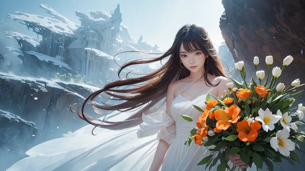 32k, Masterpiece, Highest quality, One girl, Detailed eyes, flower,Alstroemeria, White and orange style,A dreamy, romantic piece,Pale purple, Mysterious Leaves,A playful arrangement,Fantasy,High Contrast,Ink strokes,explosion,Exposure, Impression of white and orange tones,Abstract,((Watercolours by John Berkey and Jeremy Mann )) Brush strokes,Negative Space, Tyndall effect,