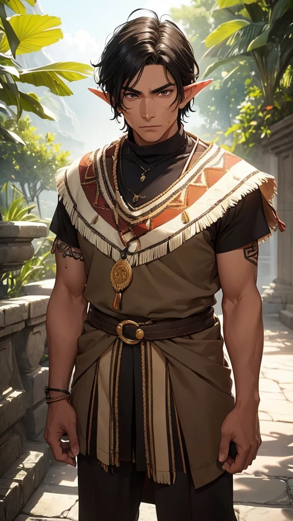 He is an adult indigenous man with Mexican features, and sun-kissed brown skin. His short black hair contrasts with his intense, expressive dark eyes. High, well-defined cheekbones complement his sharply contoured face. His pointed ears add a unique and distinctive detail to his appearance. He exudes a strong, serene presence, deeply connected to his cultural roots, Full body, master piece, perfect face, mexican poncho, elf ears.