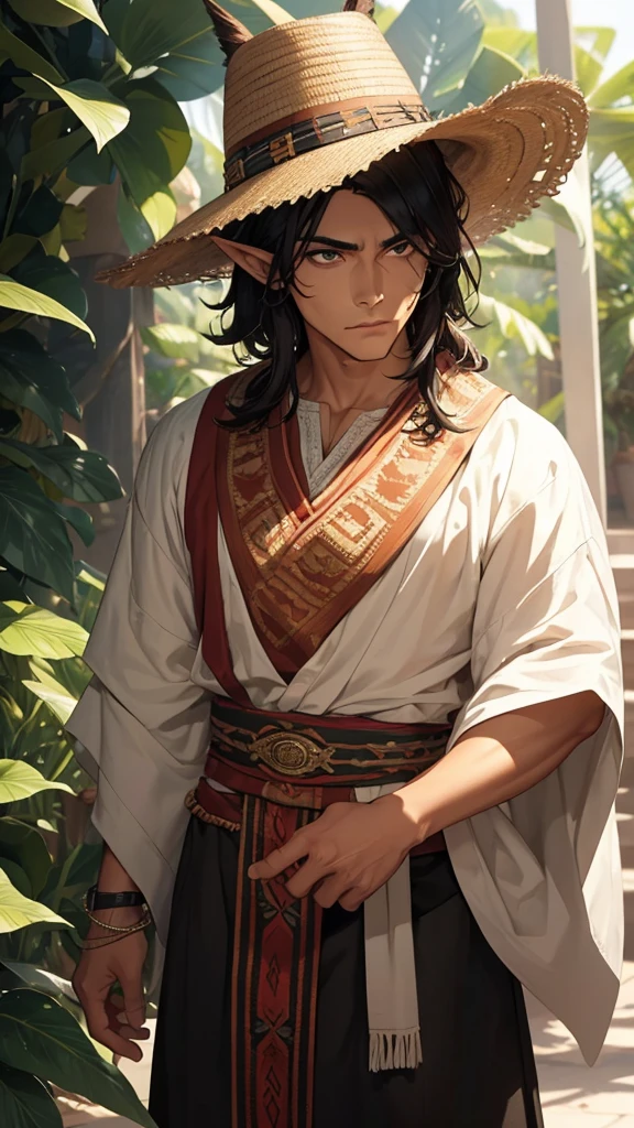 He is an adult indigenous man with Mexican features, and sun-kissed brown skin. His short black hair contrasts with his intense, expressive dark eyes. High, well-defined cheekbones complement his sharply contoured face. His pointed ears add a unique and distinctive detail to his appearance. He exudes a strong, serene presence, deeply connected to his cultural roots, Full body, master piece, perfect face, mexican poncho, elf ears.