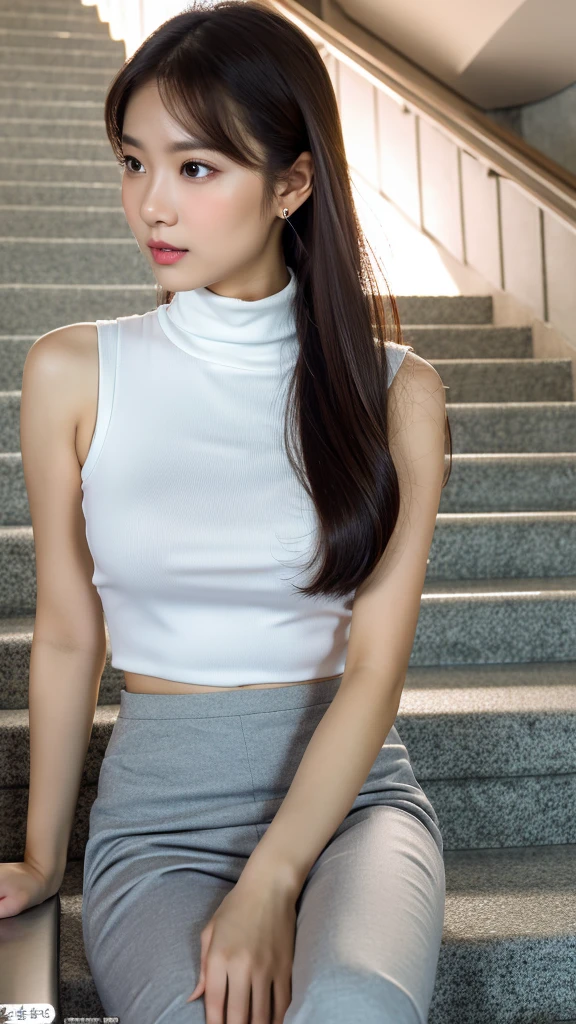 (detailed face),(crotch),normal breasts,pretty,sleeveless and turtle neck bkack clothes,stairs,4k ,super high resolution ,(photo-realistic: 1.7),white background,long hair,