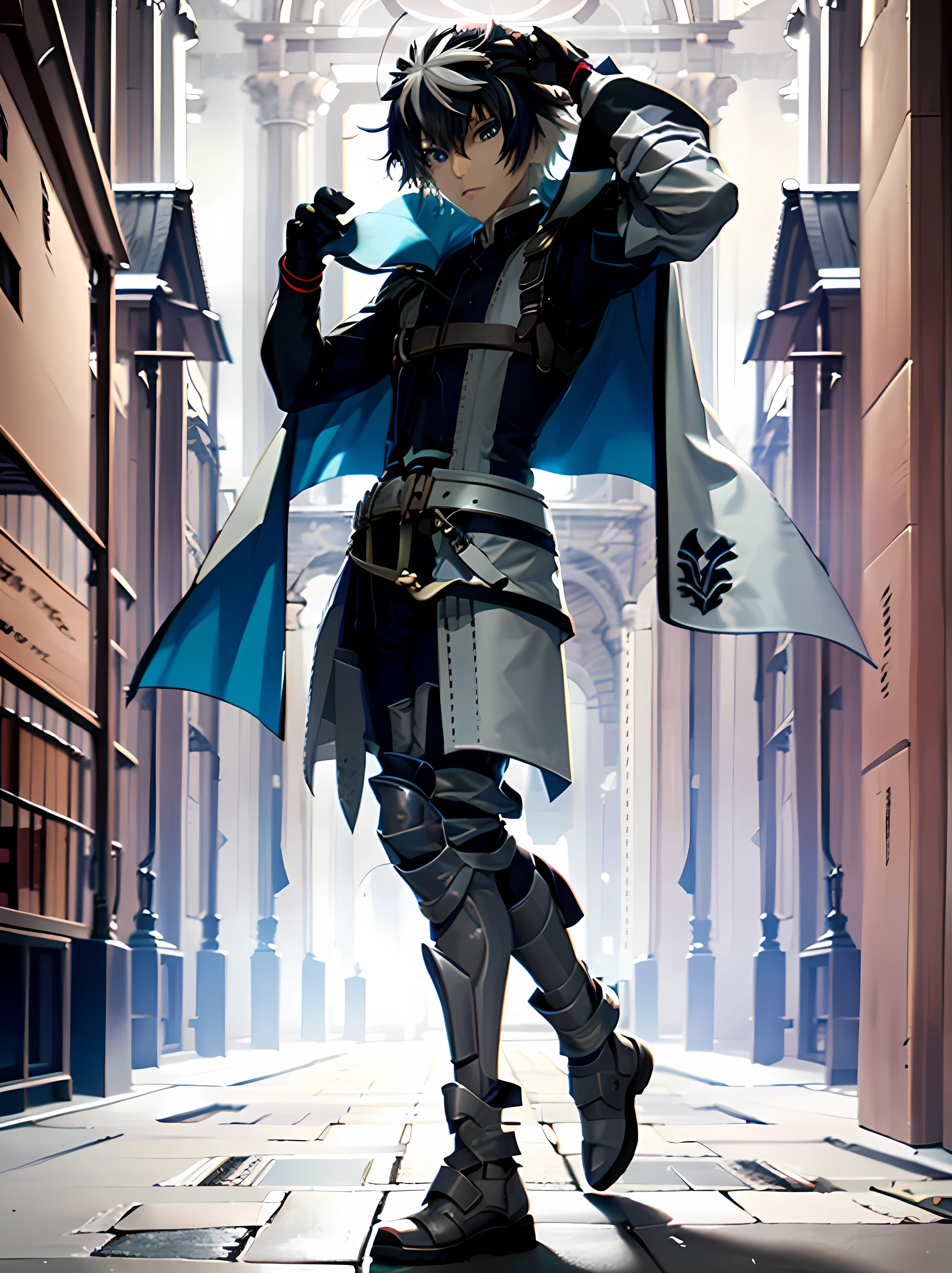 ((absurdres)), hd, uhd, (((HDR))), ((best quality)), (ultra high quality), (hi-res), ((1boy)), solo, alone, charlemagne, charlemagne\(fate\), black hair, (long eyelashes), blue eyes, multicolored hair, two-tone hair, :3, cute, facing camera, ((looking at viewer)), ((dynamic pose)), hips tilted, arm out, one leg behind, medieval city, outside, medieval buildings, cobblestone sidewalk, daytime, additional lighting, sunlight on face, noon, bright, bright sun, medieval city scenery, doortoinfinity, (five fingers),
