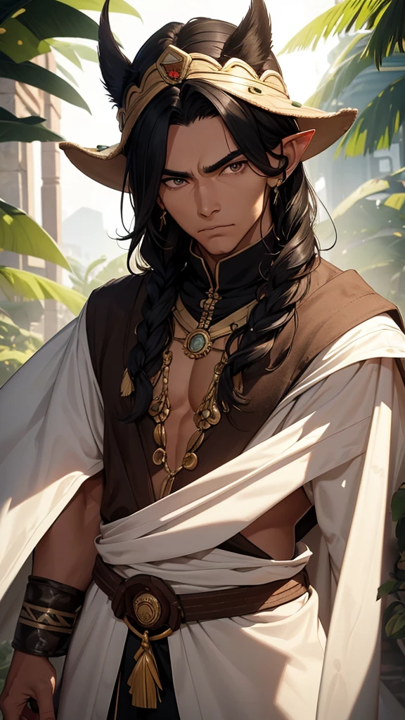 He is an adult indigenous man with Mexican features, and sun-kissed brown skin. His short black hair contrasts with his intense, expressive dark eyes. High, well-defined cheekbones complement his sharply contoured face. His pointed ears add a unique and distinctive detail to his appearance. He exudes a strong, serene presence, deeply connected to his cultural roots, Full body, master piece, perfect face, mexican poncho, elf ears.