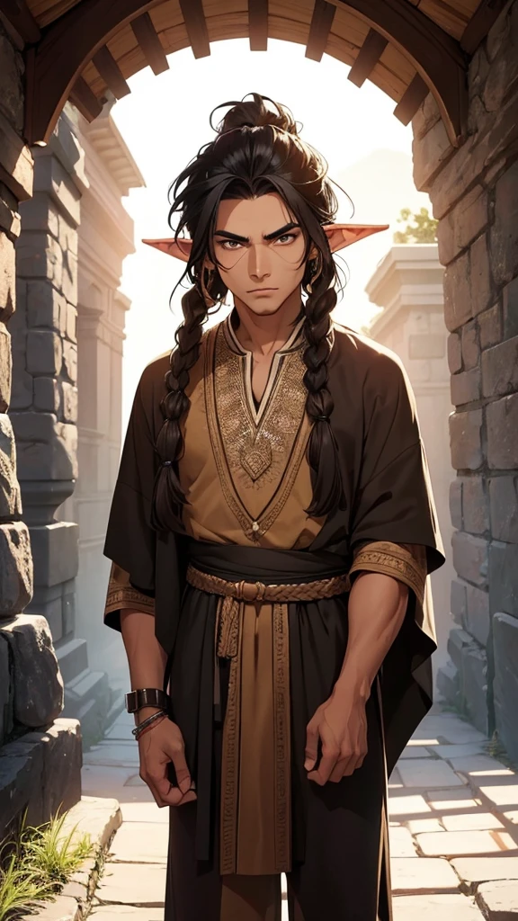 He is an adult indigenous man with Mexican features, and sun-kissed brown skin. His short black hair contrasts with his intense, expressive dark eyes. High, well-defined cheekbones complement his sharply contoured face. His pointed ears add a unique and distinctive detail to his appearance. He exudes a strong, serene presence, deeply connected to his cultural roots, Full body, master piece, perfect face, mexican poncho, elf ears.