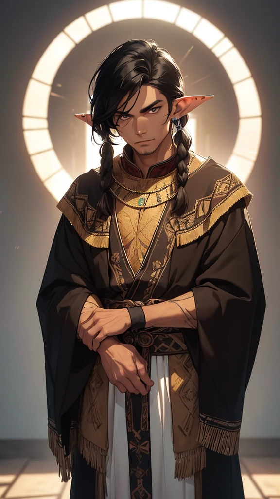 He is an adult indigenous man with Mexican features, and sun-kissed brown skin. His short black hair contrasts with his intense, expressive dark eyes. High, well-defined cheekbones complement his sharply contoured face. His pointed ears add a unique and distinctive detail to his appearance. He exudes a strong, serene presence, deeply connected to his cultural roots, Full body, master piece, perfect face, mexican poncho, elf ears.
