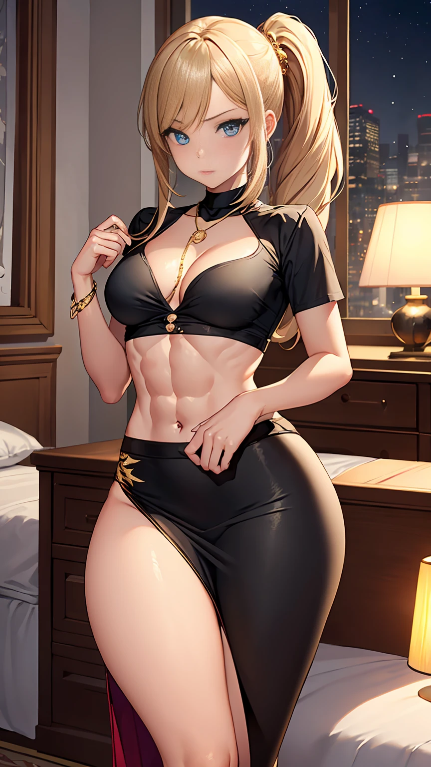 Beautiful woman with long straight ponytail blond hair with blue eyes wearing a Black Tight Skirt With Golden Dragon Prints, a Red Criss Cross Mock Neck Short Sleeves Blouse With Phoenix Prints, luxurious jewelry and a luxurious necklace, 18k gold wedding ring on left hand, standing in a bedroom at night of full moon, (caucasian skin), (light brown lipstick), (elegant mascara), (slim body with abs), (small breasts), (wide hips), midjourney, <lora:GoodHands-, <lora:GoodLegs-, UHD, high resolution, (masterpiece:1.1, best quality), (expressive eyes, perfect face, full body, expressive face, perfect body, perfect pussy, athletic, fit, slim body, blushing, Perfect makeup, eyeliner, beautiful eyelashes, smiling, horny face), ((best illumination, best shadows)), ((sexye))
