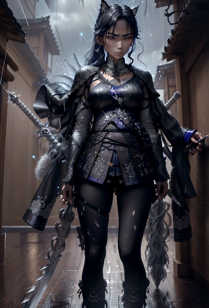 hyper realist, extremely detaild, intricate details, digital art of a Japanese warrior standing sideways, looking sad at the floor ,with light black clothes and holding only a sword in each hand pointed downwards on a sad rainy day. fancy