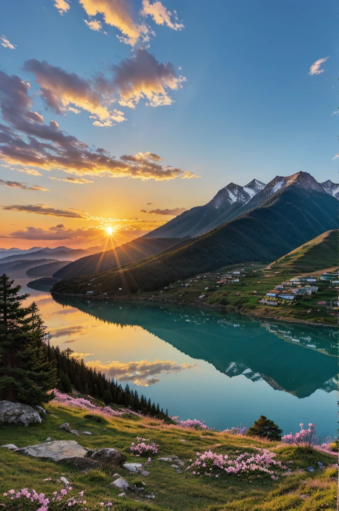 spring anime landscape in the mountains at sunset