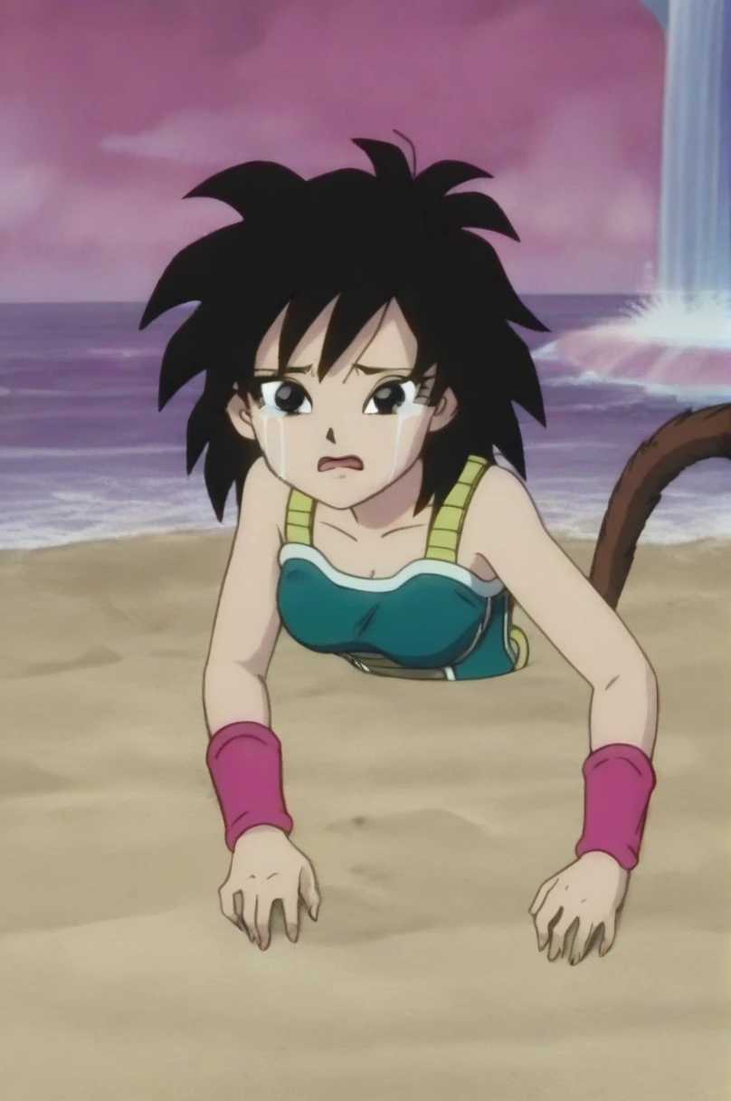 fountain_cheered up, score_9,score_8_above, score_7_above, ginedb, cheered up screencap,
1 girl, Alone, old, looking at the viewer, Open mouth, is, black fur, sand, bare shoulders, medium old, clavicle, aboveper body, dientes, black eyes, tearing above, eyelashes, pink wristband, d:, saiyajin armadura, green skirt, Eyebrows, green saiyajin armadura, Moonlight, sexy butt showing it